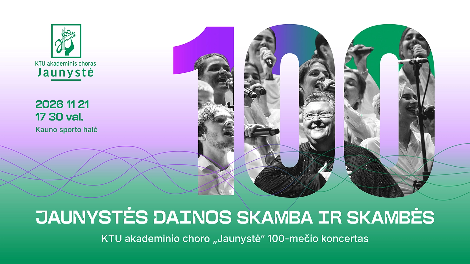 jaunystės choro jubiliejinis skelbimas su skaitmeniu šimtas bei dainininkais jame